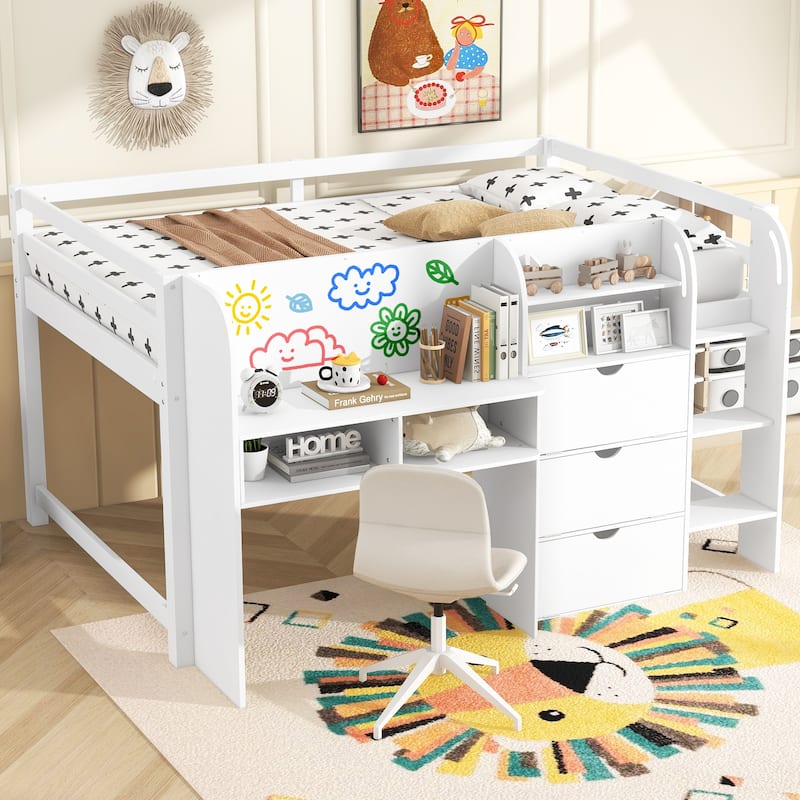 Space-Saving Loft Bed with Study Desk, Storage & Whiteboard‌