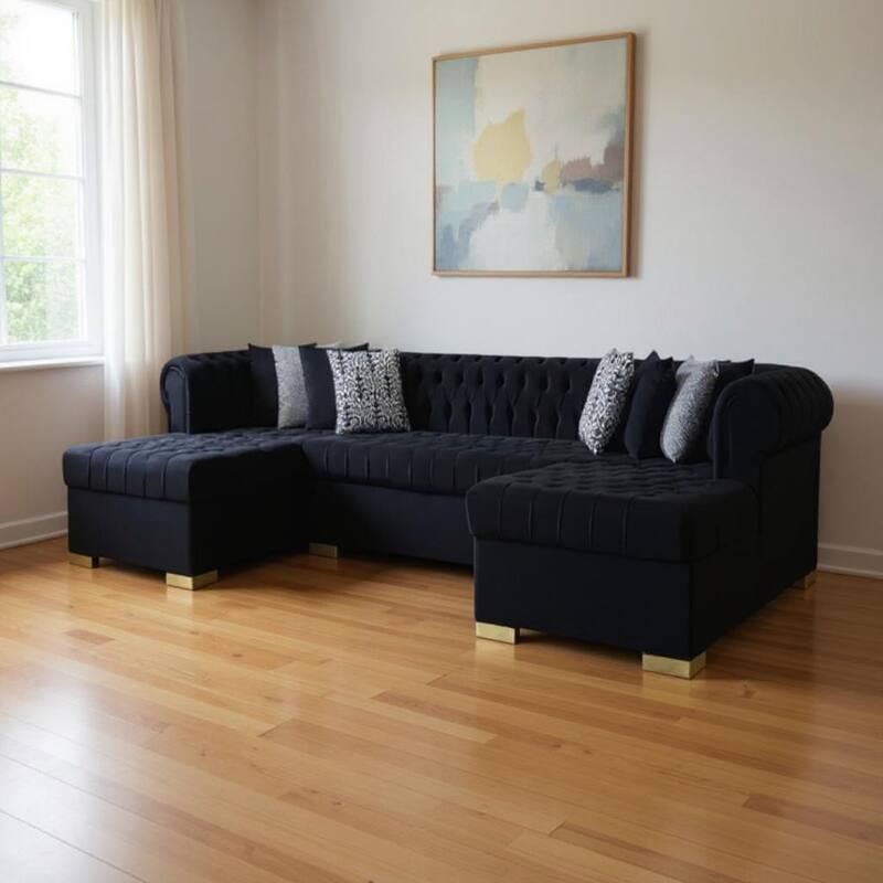 HomeRoots Black Velvet U Shaped Three Piece Sofa and Chaise Sectional With Toss Pillows - Symmetrical
