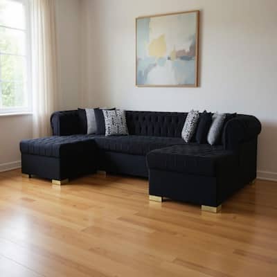 HomeRoots Black Velvet U Shaped Three Piece Sofa and Chaise Sectional With Toss Pillows