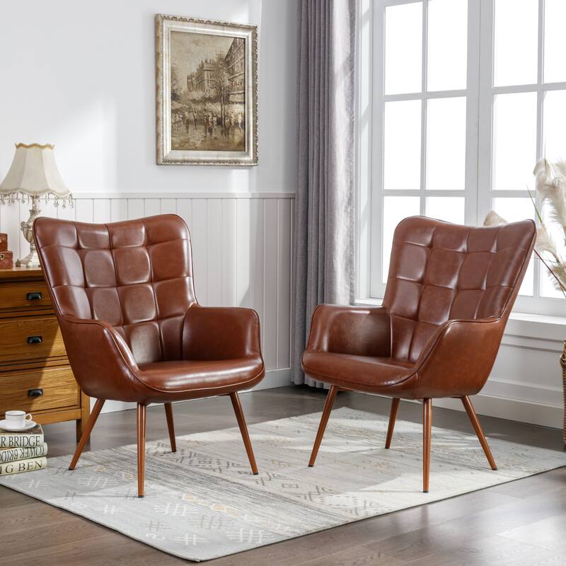 Vintage Wingback Chair Tufted Button PU Leather Accent Chair - Reddish Brown-2Pack