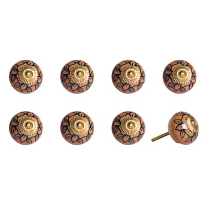 Orange and Black Ceramic Flower Knobs Set of 8 with Gold Finish and Screws - 1.5” x 1.5” x 1.5” (D x W x H)