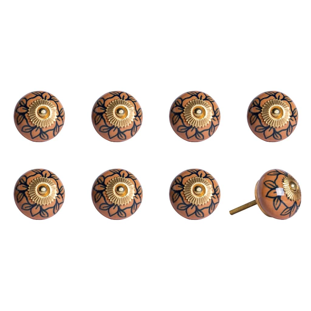 Orange and Black Ceramic Flower Knobs Set of 8 with Gold Finish and Screws - 1.5” x 1.5” x 1.5” (D x W x H)