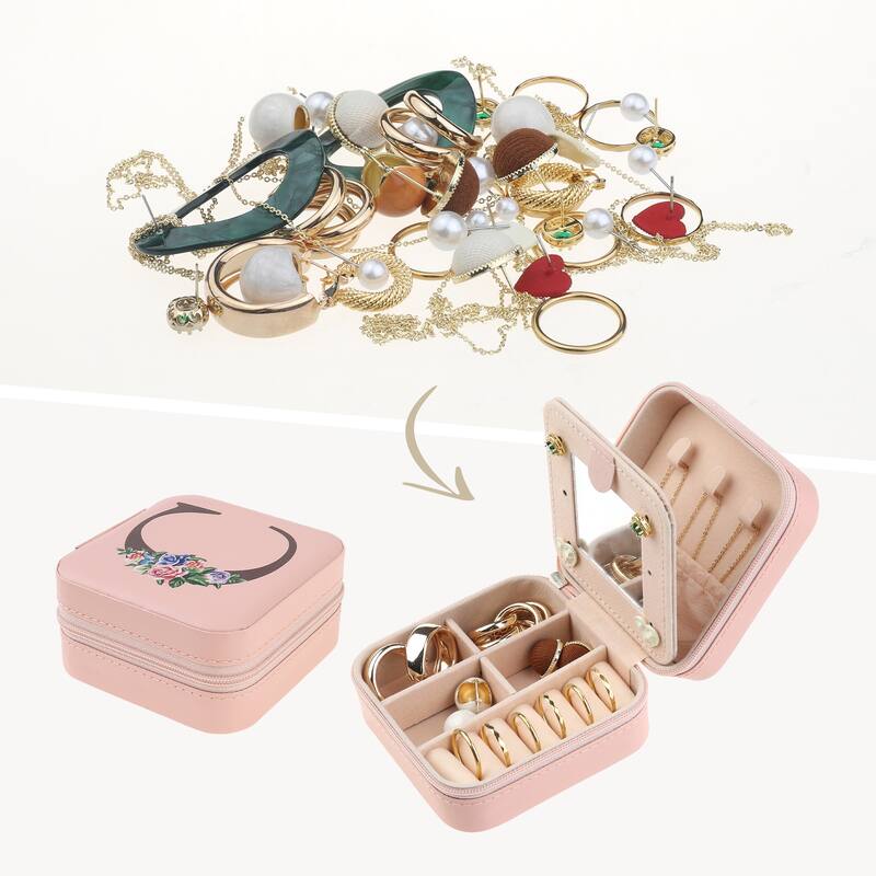 Portable Jewelry Box with Mirror, Mini PU Leather Jewelry Organizer Boxes Storage Display Holder - Pink - C
