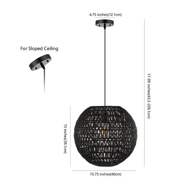 dimension image slide 0 of 4, Campana 1-Light Bohemian Modern Woven Rattan/Iron LED Pendant, by JONATHAN Y