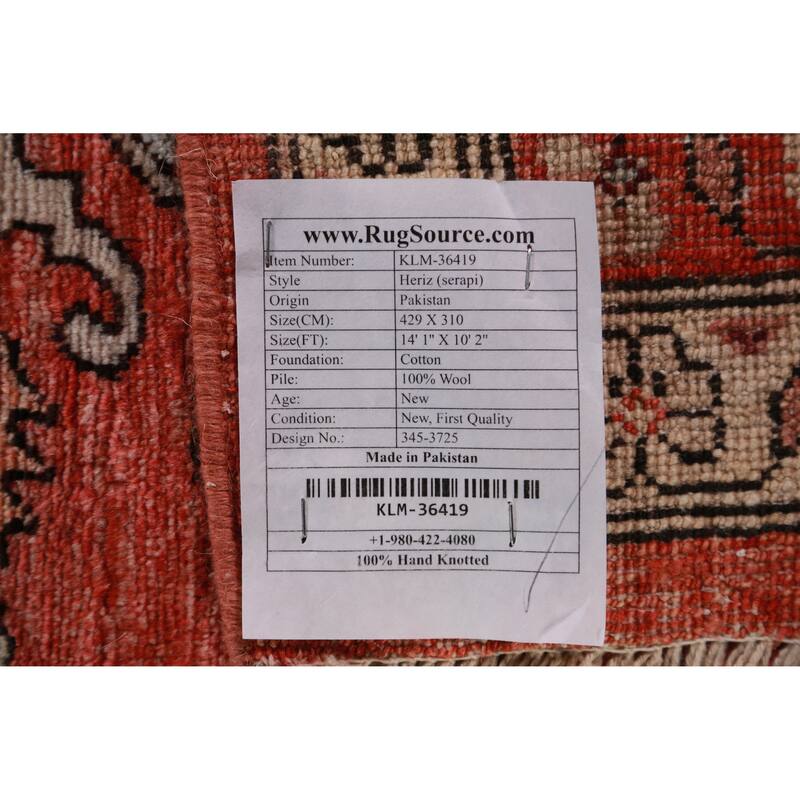 Vegetable Dye Heriz Serapi Oriental Large Rug Handmade Wool Carpet - 10'2"x 14'1"