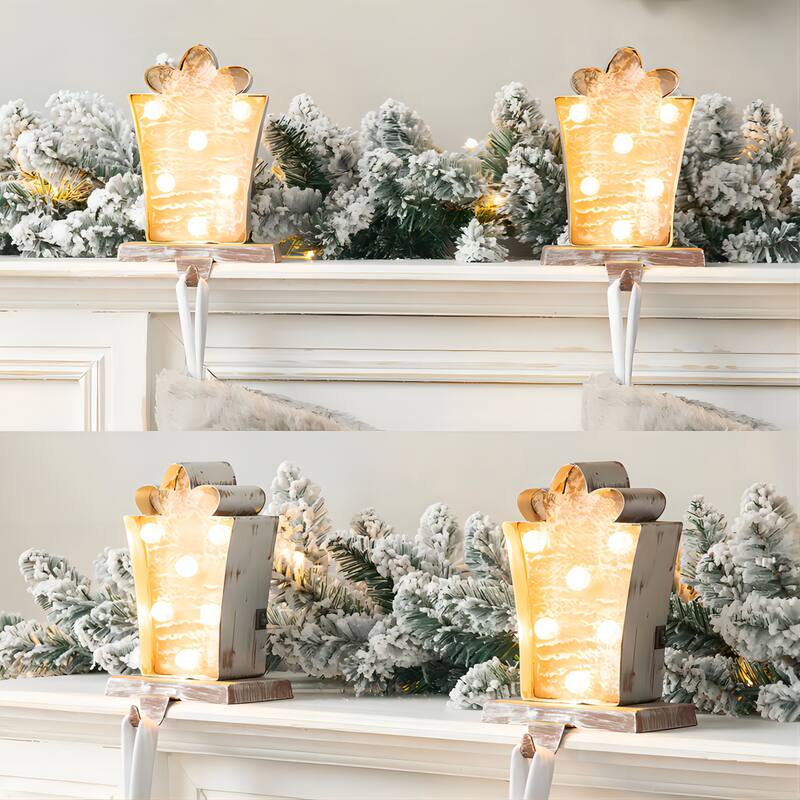 Glitzhome 7.5" H Christmas Silver LED Gift Box Heavy Duty Stocking Holders Mantel Ornament