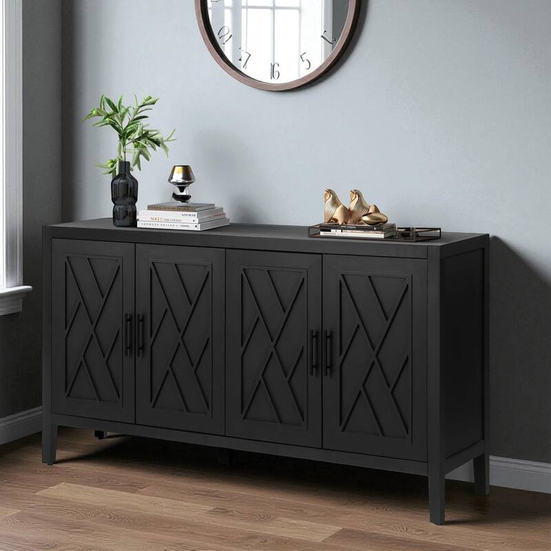 60" Modern Farmhouse 4-Door Sideboard Buffet Cabinet, Wood Accent Storage Console Table with Adjustable Shelf for Dining Room
