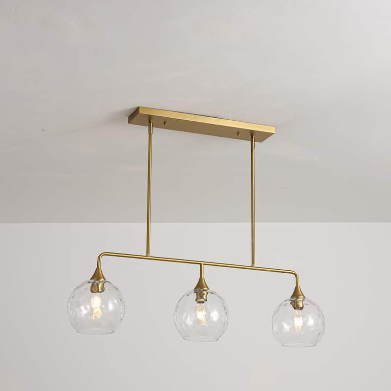 3-Light Modern Black/Brushed Gold Linear Chandelier for Kitchen Island with Clear Textured Glass Globe Shades