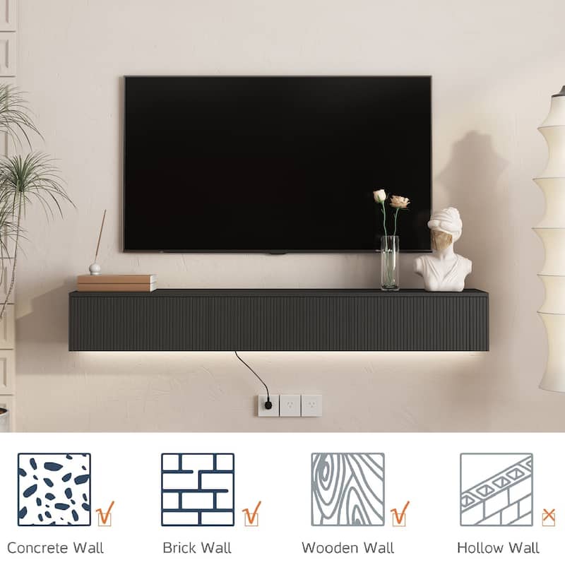 65" Floating TV Stand Wall Mounted with 16 Color LEDs, Modern Fluted TV Stand Entertainment Center for TVs Up to 65"
