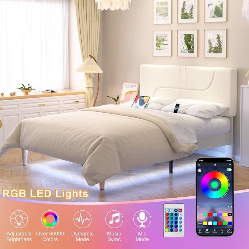 VECELO Platform Bed Frame with Charging Stations and Under Bed LED Lights Strong Wooden Slats Support No Box Spring Needed