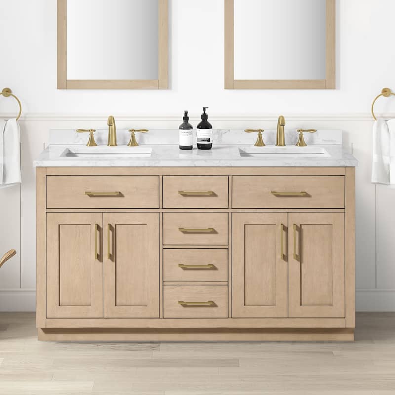 Athea Bathroom Vanity with White Engineered Marble Top - 60" - Sahara Birch with Brushed Gold Hardware