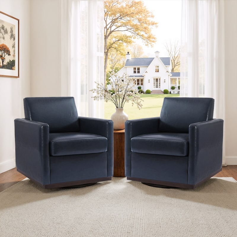 Set of 2 Modern Swivel Accent Armchairs Upholstered Arm Chairs - Faux Leather - Navy