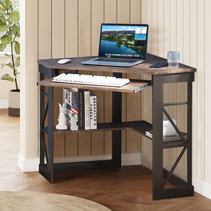 VECELO Triangular Corner Desk with Keyboard Tray Space Saving Metal Computer Desk for Home Office Study Bedroom
