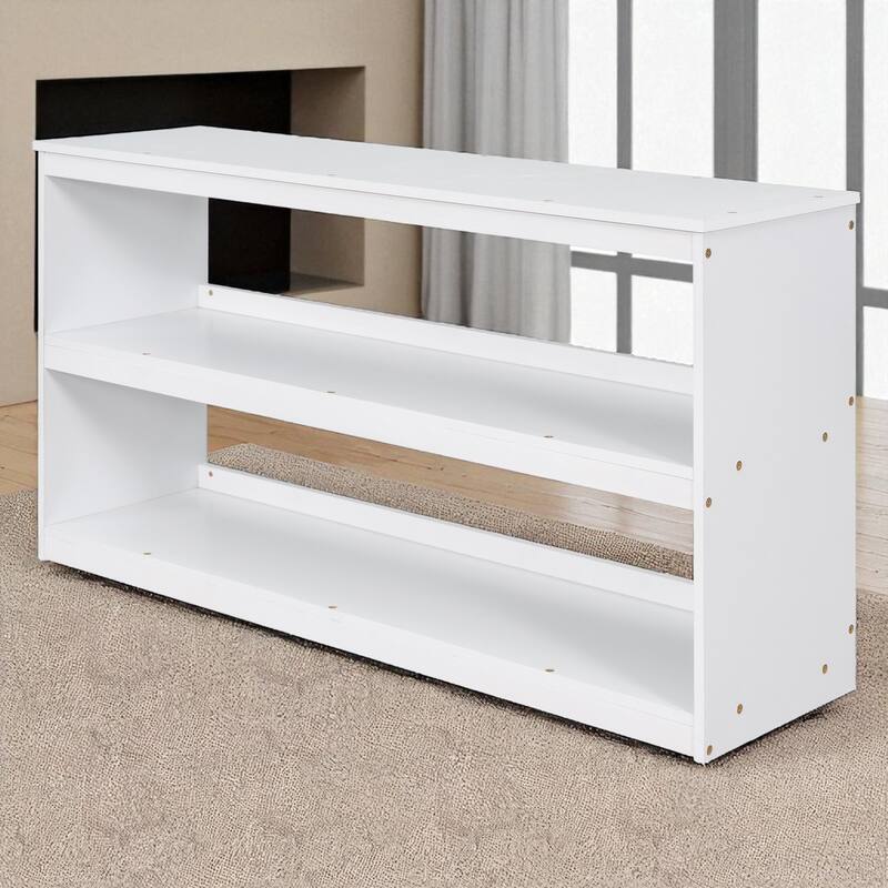 Twin/Full Size Low Loft Bed with Cabinet, Rolling Desk and Bookshelf, Solid Wood Frame for Kids