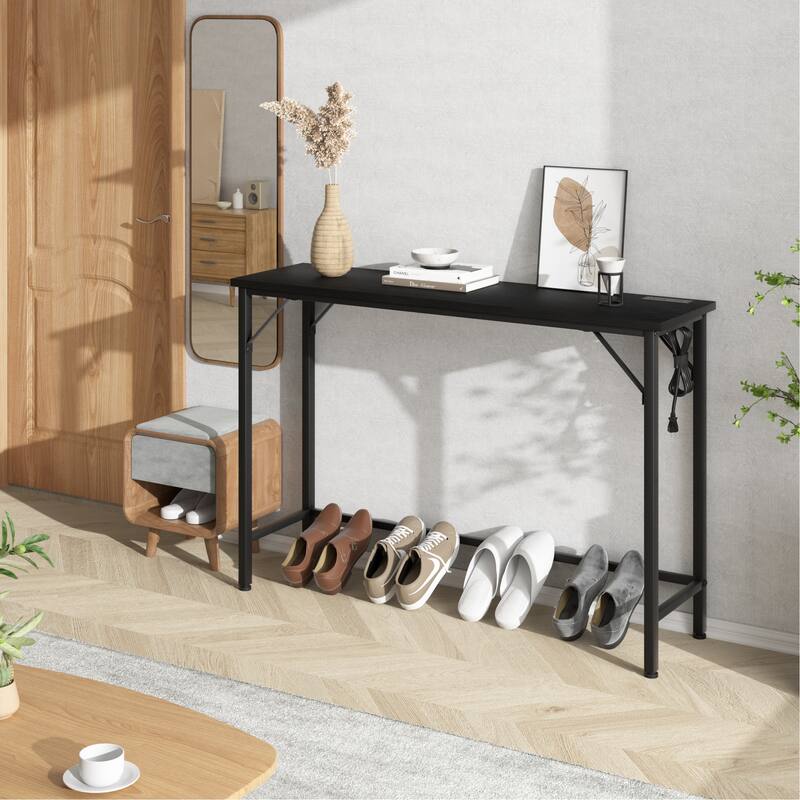 Console Table with Outlets, Narrow Sofa Table with Charging Station - Black