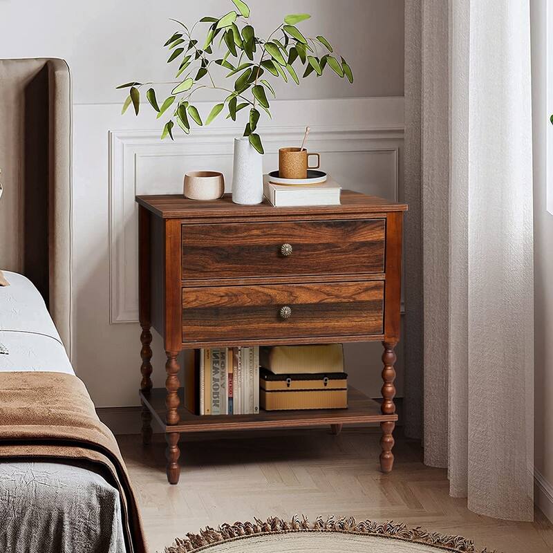 Brown Mid-Century Modern Hemmer 2 Drawers Lower Shelf P2 Particleboard 3D Paper Solid Wood Legs 24 Inches 1 Piece