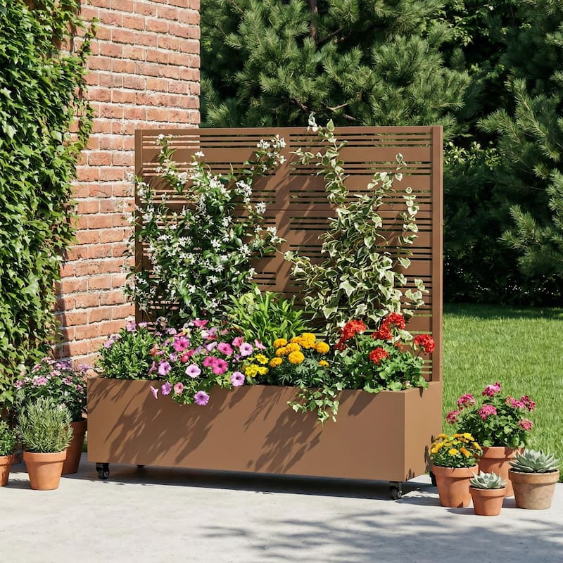 Outdoor Metal Galvanized Privacy Screen Planter Box with Trellis Lockable Wheels - 47"x47" - Brown-Rectangle