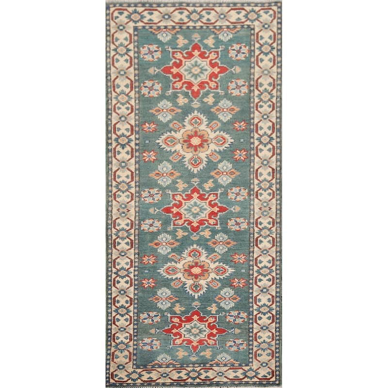 Geometric Green Kazak Oriental Runner Rug Hand-Knotted Wool Carpet - 2'3" x 5'11"