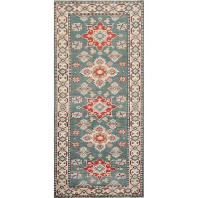 Geometric Green Kazak Oriental Runner Rug Hand-Knotted Wool Carpet - 2'3" x 5'11"