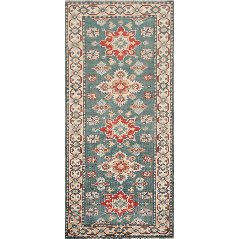 Geometric Green Kazak Oriental Runner Rug Hand-Knotted Wool Carpet - 2'3" x 5'11"