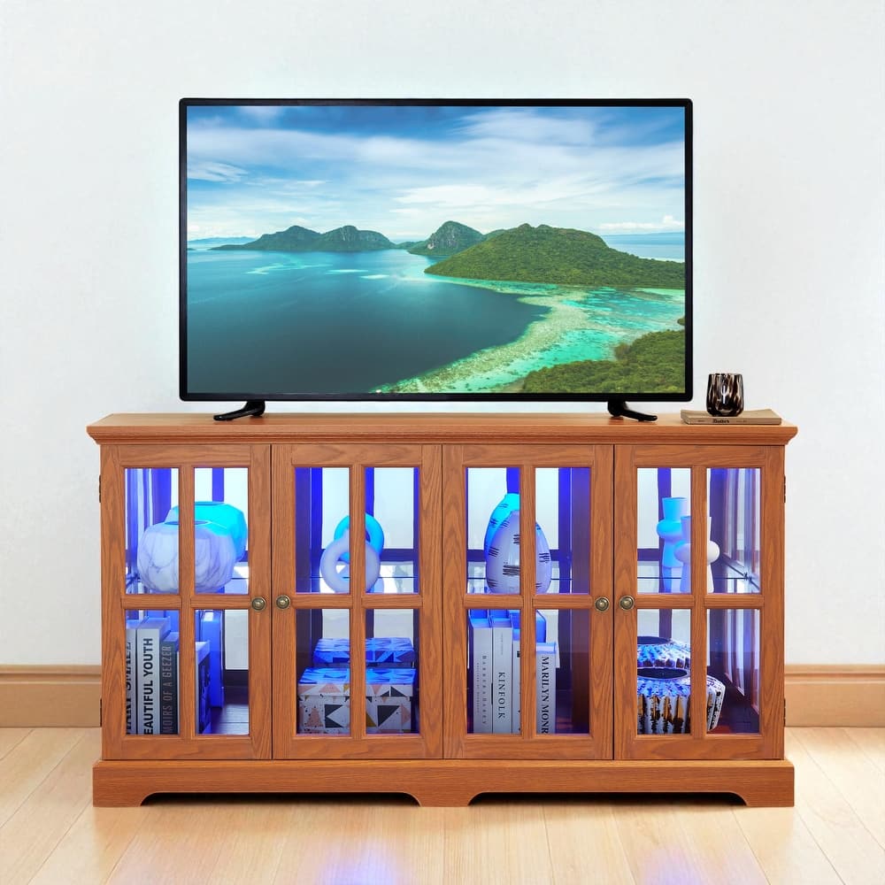 LED Antique Curio Display Cabinet with Glass Doors, Adjustable Shelves and Vintage 4-Door Design