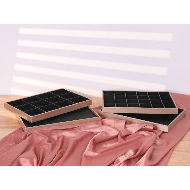 Set of 2 Stackable PU Leather Jewelry Organizer Trays with Removable Dividers for Drawers, Jewelry Organizer Storage - Black