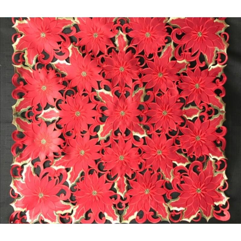 Poinsettia and Green Leaf Embroidered Cutwork Square tablecloth, 36 inch Square