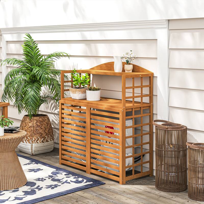 Light Brown Fir Wood Air Conditioner Fence with Elevated Base and Open Shelves for Garden Accessories