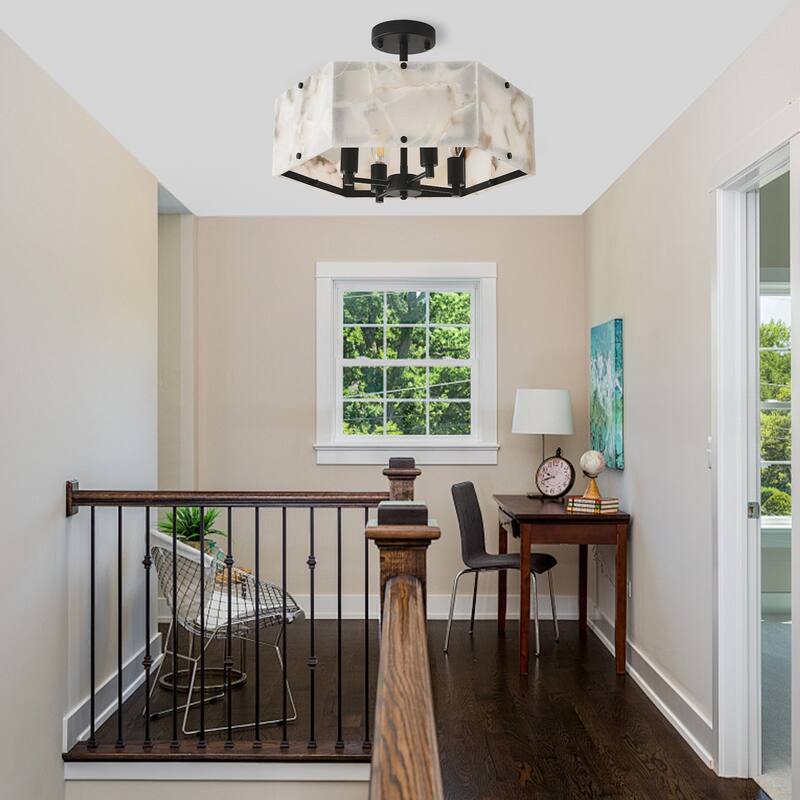4 - Light Mid - Century Modern Alabaster - Look Octagonal Semi Flush Mount - Matte Black