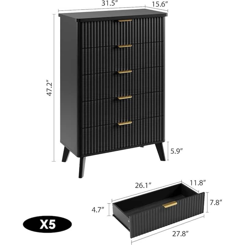 Modern Fluted 5 Drawers Dresser for Living Room, Bedroom