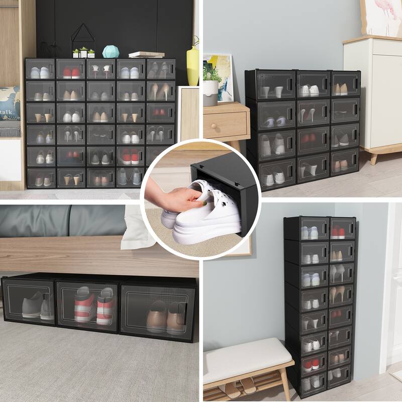 6/12/18 Pack Shoe Storage Box Plastic Stackable Shoe Organizer for Closet Foldable Sneaker Containers Bins Holders Racks