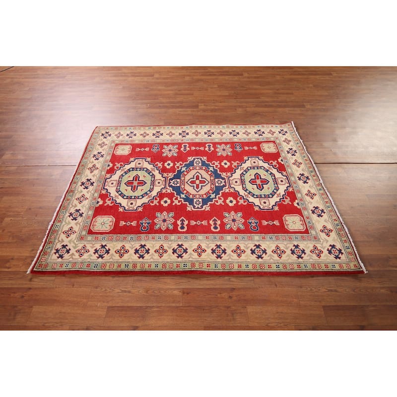 Geometric Kazak Oriental Rug Handmade Wool Carpet - 4'3" x 5'6"