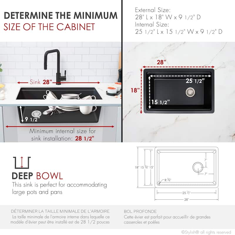 Dual mount 28 inch Black Composite Granite Single Bowl Workstation Kitchen Sink