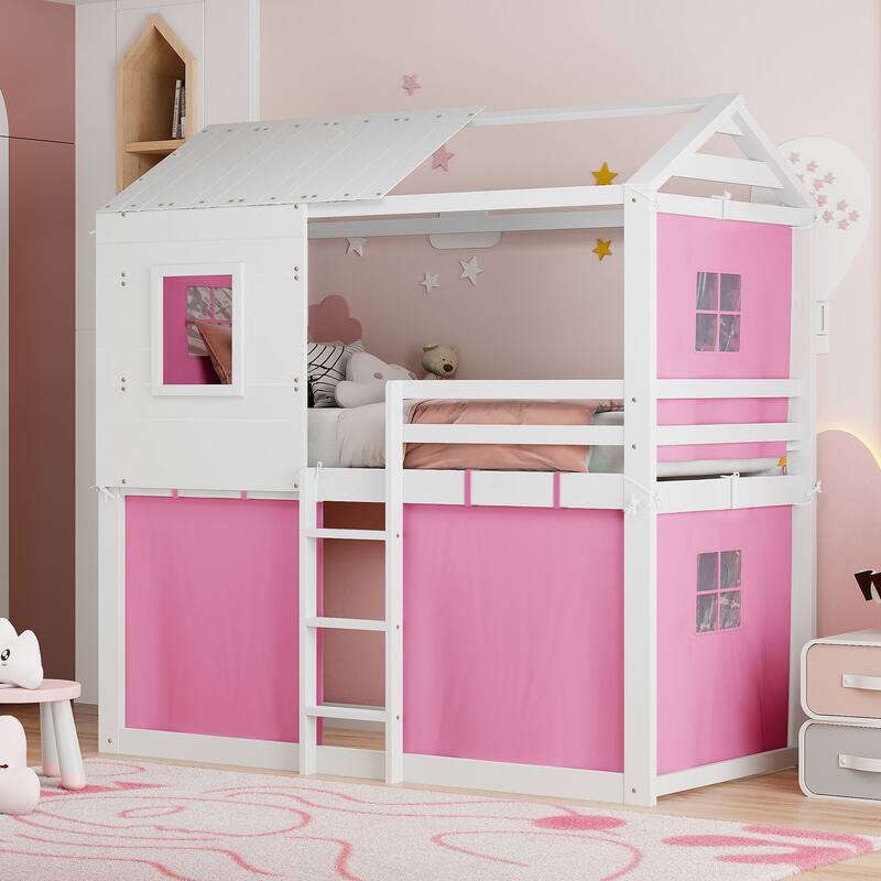 Playhouse Bed Floor Bunk Bed Kids Loft Bed with Tent