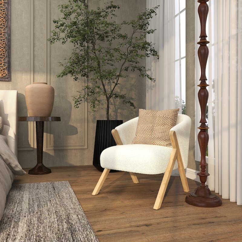 White Polyester Rounded Boucle Living Room Accent Chair with Angled Wooden Legs