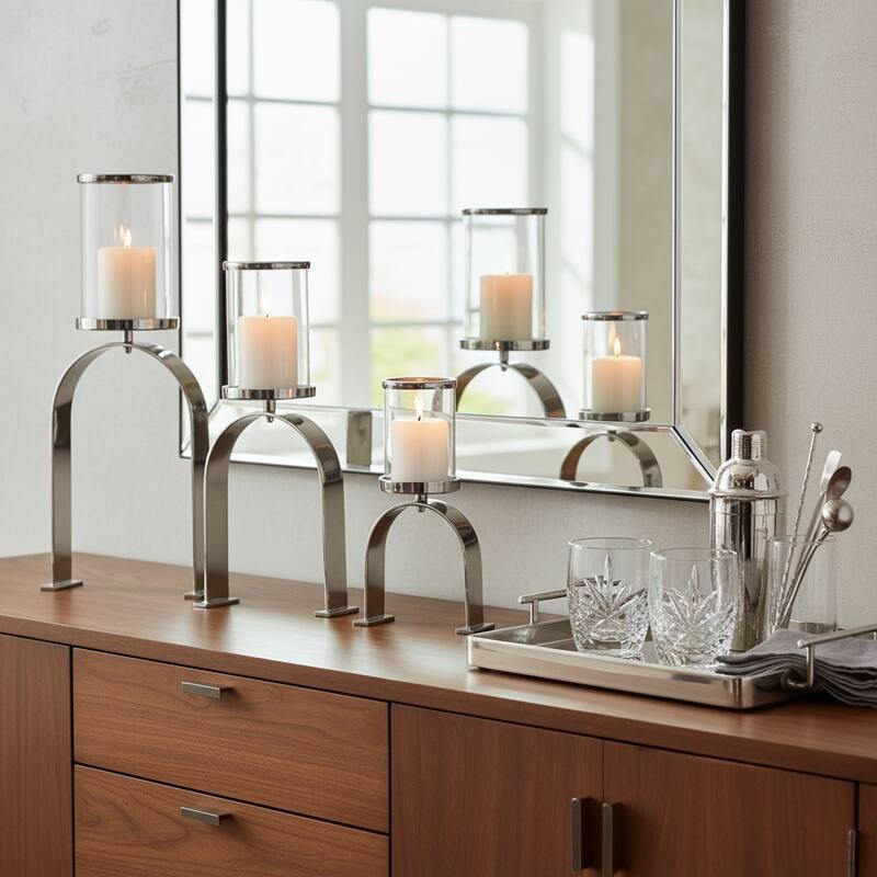 Candle Holders Set of 3 - Metal Pillar, 10/16/22" - 22.0" - Silver/ Metallic