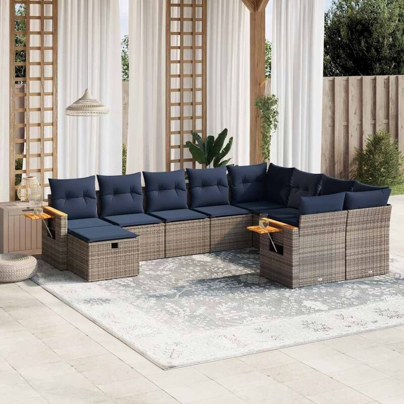 vidaXL 10 Piece Patio Sofa Set with Cushions Grey Poly Rattan (US only) - 113.8x33.5x91.8