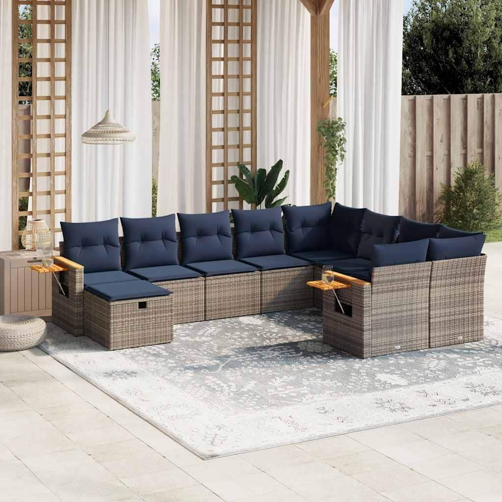 vidaXL 10 Piece Patio Sofa Set with Cushions Grey Poly Rattan (US only) - 113.8x33.5x91.8