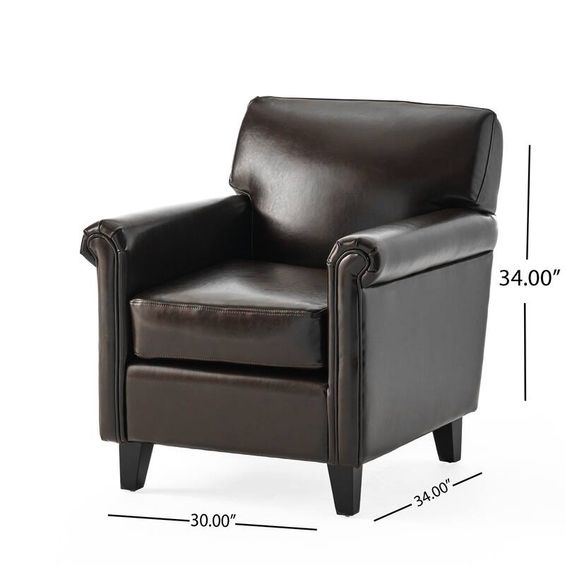 Roomfitters Modern Faux Leather Armchair, Rolled-Arm Accent Chair, Living Room Seating, Brown