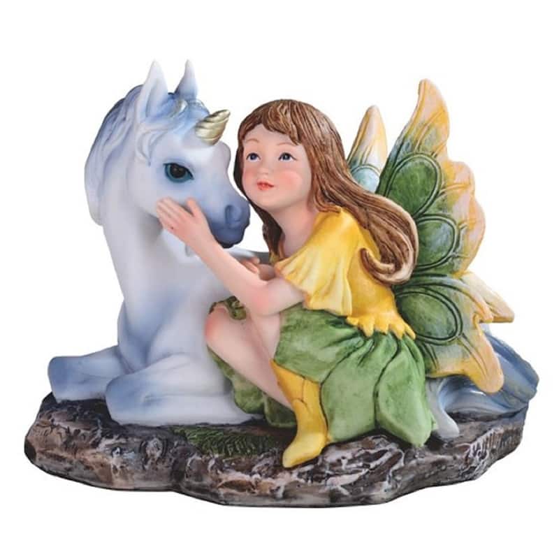 Q-Max 5"W Green/Yellow Fairy with Unicorn Statue Fantasy Decoration Figurine