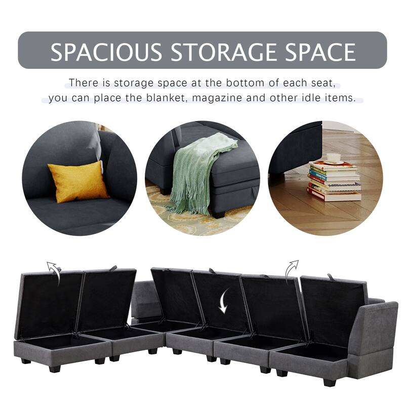 U-Shape Modular Sectional Sofa, Convertible Sectional Sofa Bed, Upholstered Sofa with Reversible Chaise & Ottoman