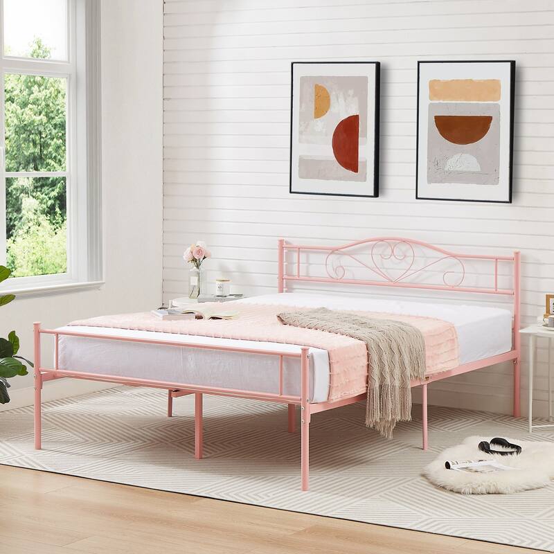 VECELO Victoria Metal Platform Bed Frames with Heart Pattern Headboard 12.6" Underbed Space No Box Spring Required