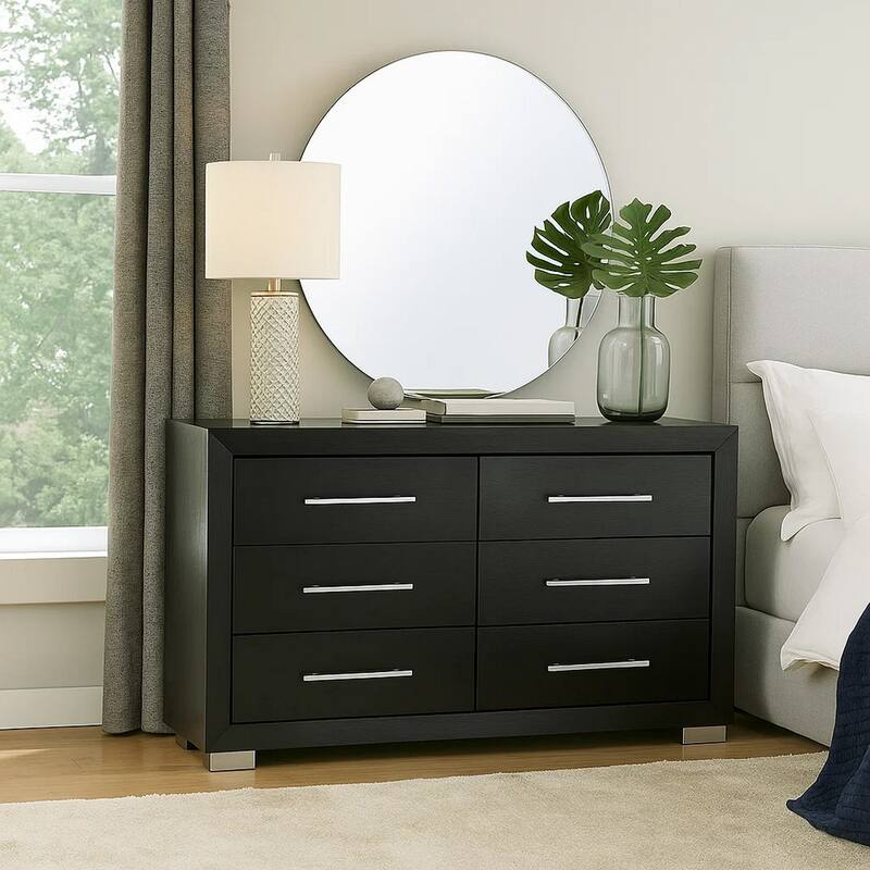 Ashen Wide Dresser, 6 Drawers, Black Solid Wood, Chrome Metal
