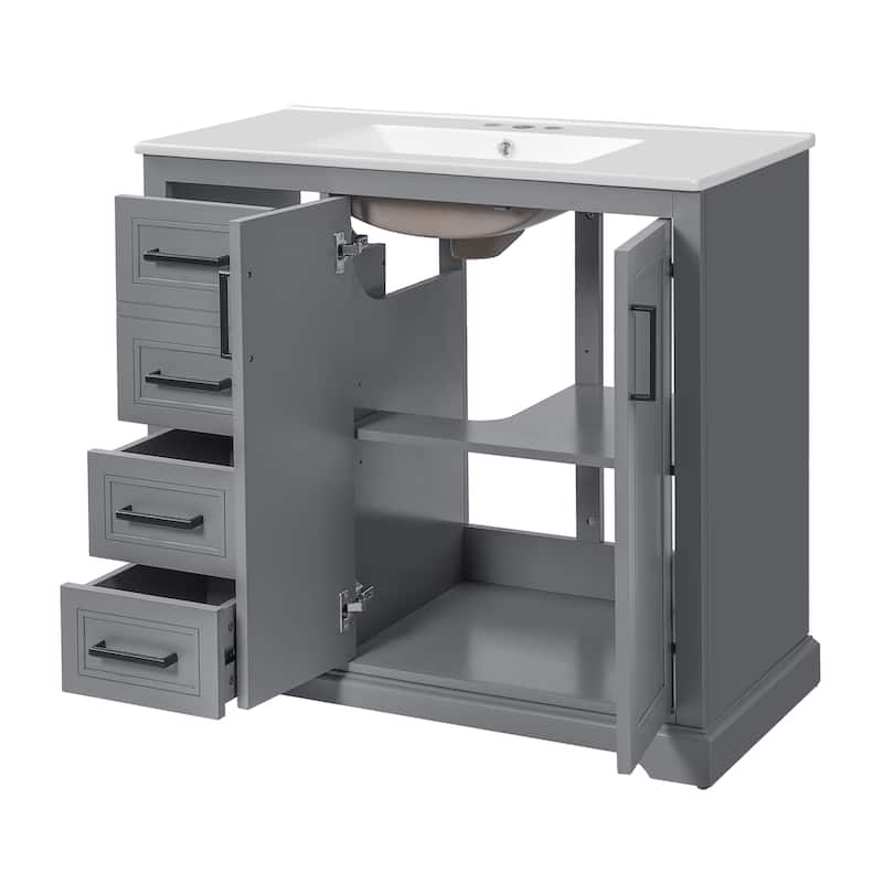 36" Modern Bathroom Vanity with Ceramic Sink, Soft-Close Door, Adjustable Shelf & 3 Drawers, Ample Storage.