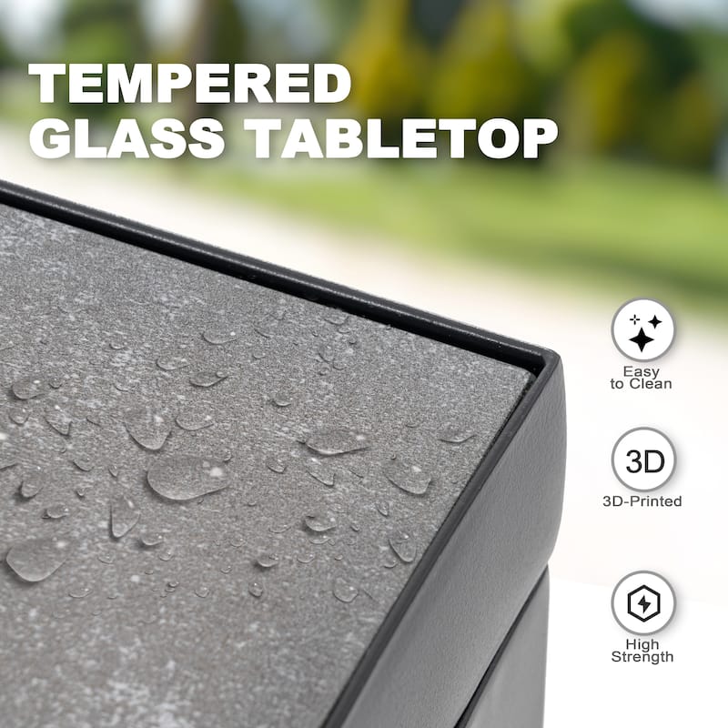 Outdoor Iron Rectangular Bar Table with 3D-Print Tempered Glass Tabletop, Black and Gray