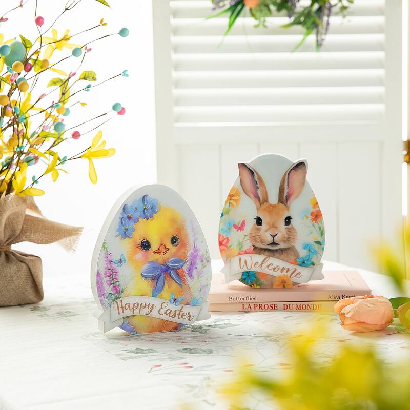 Glitzhome 7.75"/6"H Easter Wooden Patterned Eggs Table Decor Spring Gift