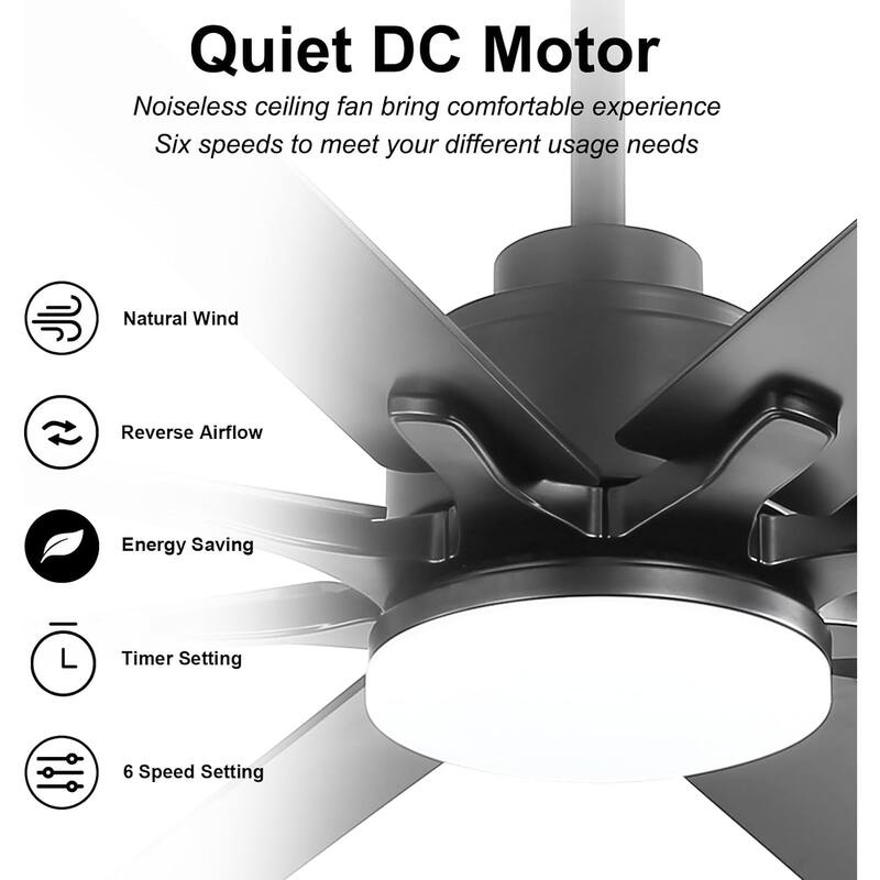 76 Inch Ceiling Fan with Light and Remote,8 Solid Wood Blades,Smart Control,Reversible Airflow - 76 inch