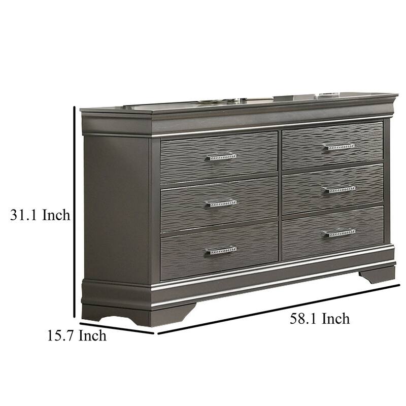 Jean Wide Dresser Chest, 6 Drawers, Chrome, Dark Gray Solid Wood