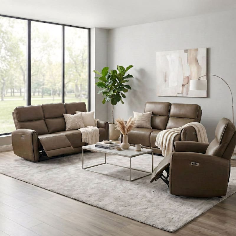 Furniture of America Elente Modern 3-Piece Faux Leather Power Recline Sofa Set with USB Ports - Light Brown