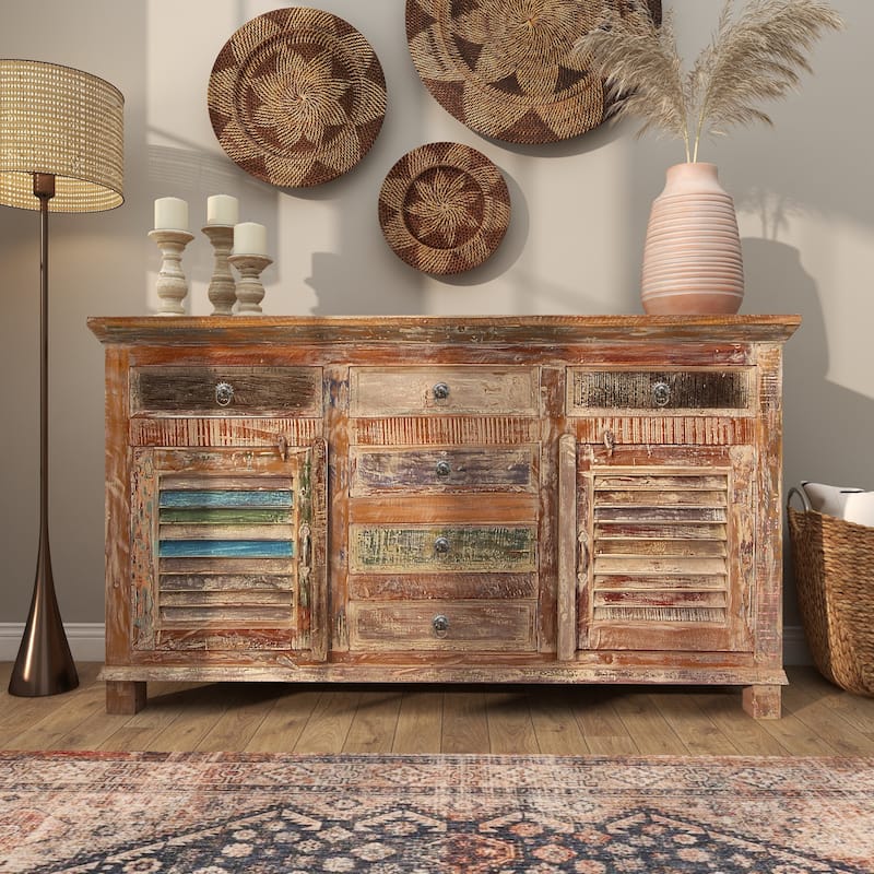 Reclaimed Wood 2 Door and 6 Drawer Cabinet - Dark Brown - Roche River Decor - 16"W x 60"L x 34"H